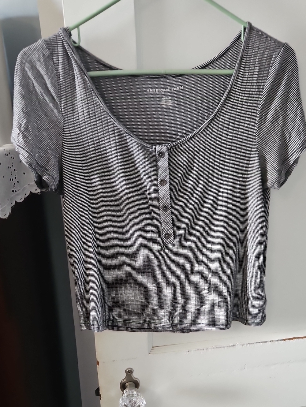 American Eagle Outfitters Gray and White Striped Scoop Neck Henley Tee